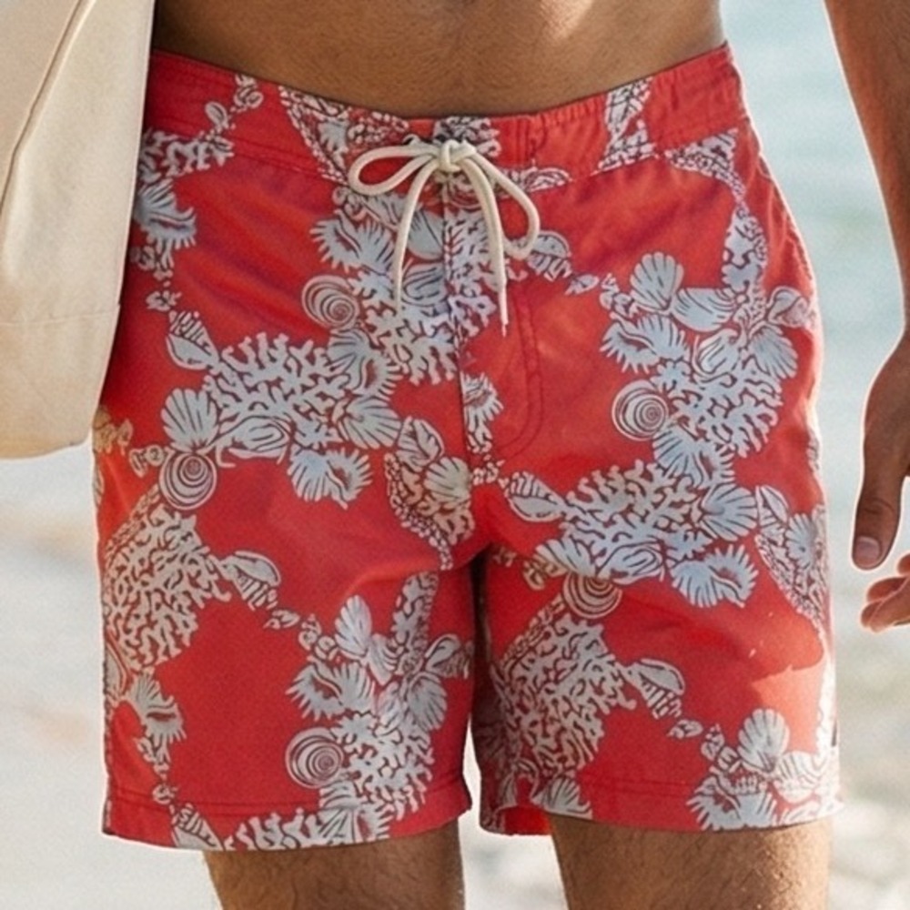 Coral Reef Floral Swim Trunks Drawstring Waist Swimwear Beach Shorts